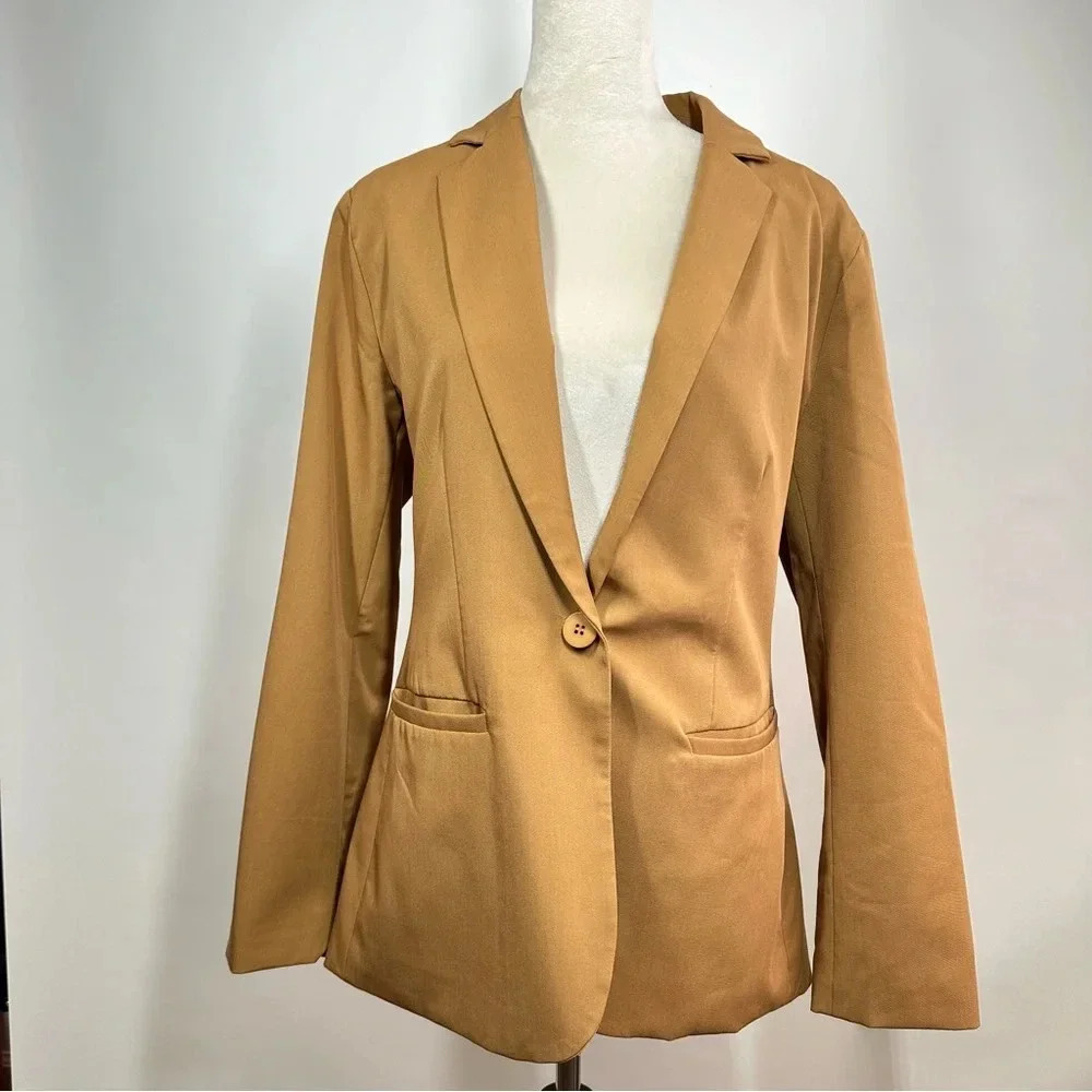 Womens Brown Long Blazer One front button Functional Flap Pockets Lined Size XL